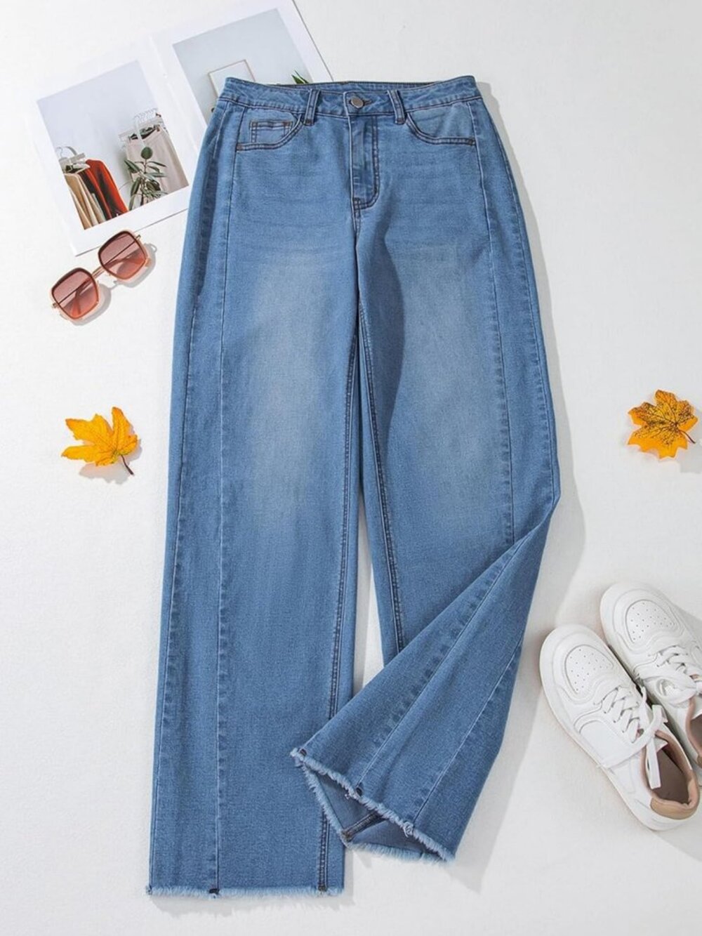 High-Waisted Wide Leg Jeans for Women | Stretchy Raw Hem Denim Pants - Picture 3 of 9